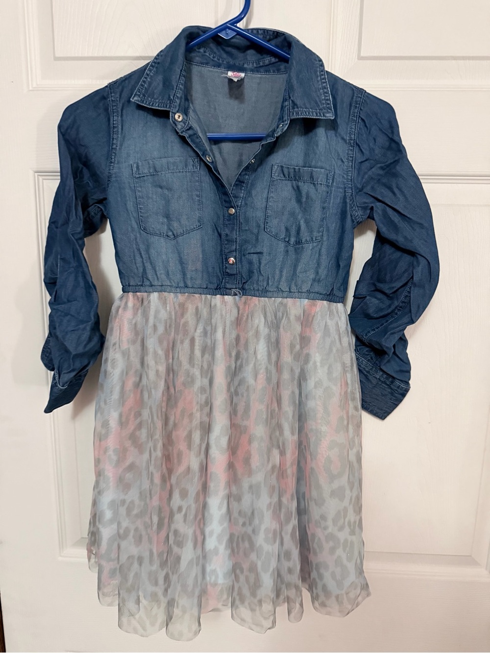 Justice Denim-Look Top Dress with Pink & Gray Printed Skirt